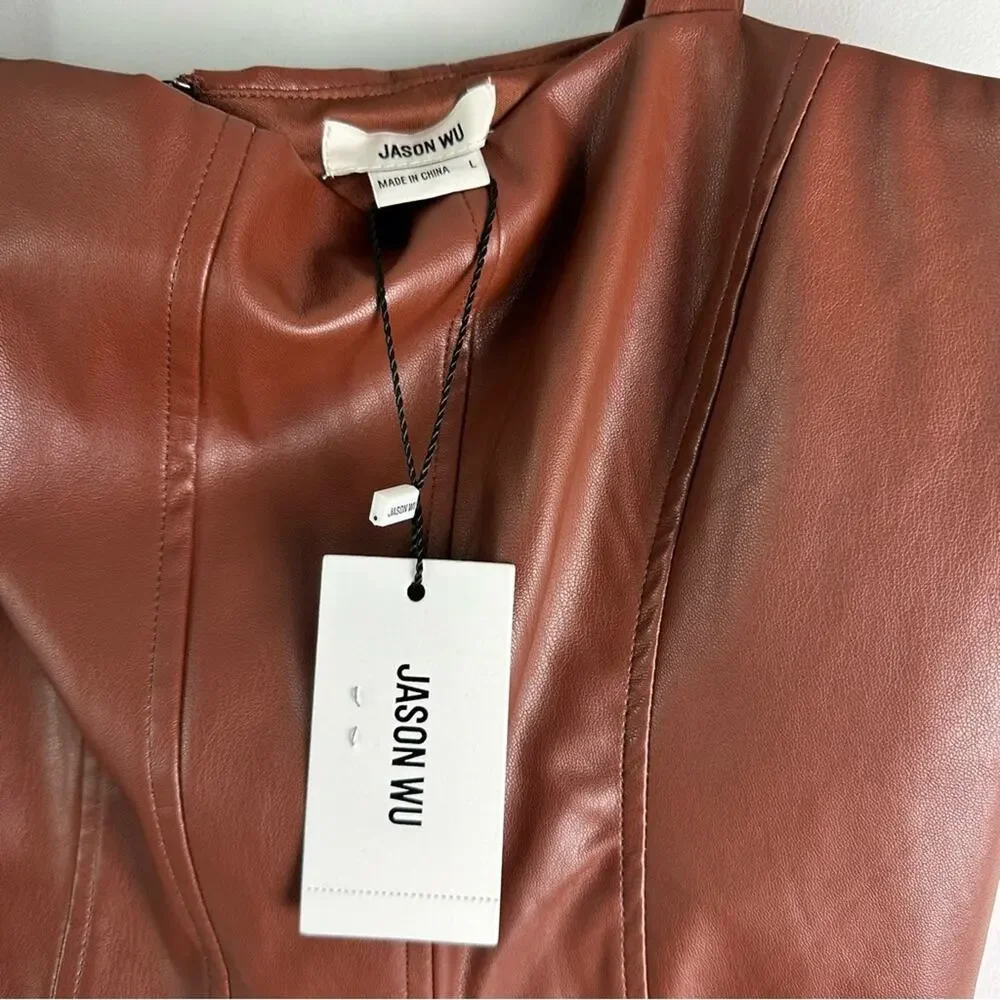 New JASON WU Faux Leather Chocolate Brown Midi skirt 2 Piece Set Large Vegan